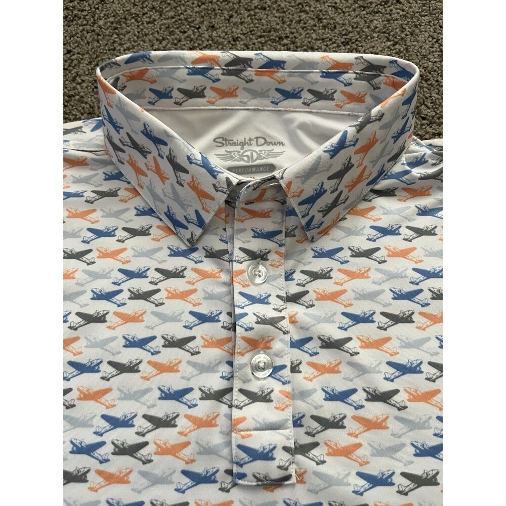 Straight Down Golf Performance Polo Shirt Mens Size XL White Airplane Print